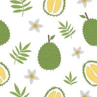 patrón sin costuras de durián vectorial. Fondo de repetición de frutas de la selva. textura exótica plana dibujada a mano. papel digital de verano tropical saludable infantil brillante. vector