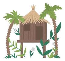 Vector illustration of jungle hoot with palm trees and leaves isolated on white background. Tropical bungalow on stilts picture. Cute funny exotic house in rainforest.