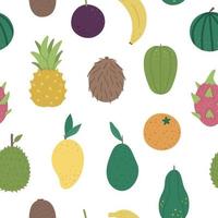 Vector seamless pattern with tropical fruit and berries. Jungle foliage background. Hand drawn flat exotic plants texture. Bright childish digital paper with healthy summer food.