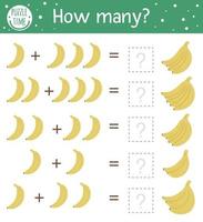 Math game with bananas. Tropical mathematic activity for preschool children. Jungle counting worksheet. Educational addition riddle with cute funny elements. Simple summer game for kids vector
