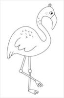 Vector cute flamingo outline. Funny tropical exotic bird black and white illustration. Fun coloring page for children. Jungle summer clip art