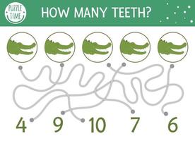 laberinto matemático tropical para niños. actividad preescolar de verano. Adivinanza educativa de adición. divertido juego de rompecabezas matemático con cocodrilos. linda hoja de trabajo de conteo. cuantos dientes vector