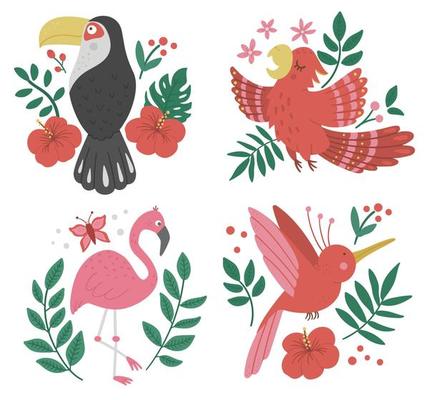 Vector set with cute compositions with exotic birds, leaves, flowers. Funny tropical animals and plants illustration for card design, poster or print. Jungle summer clip art for kids
