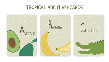 Colorful alphabet letters A, B, C. Phonics flashcard with tropical animals, birds, fruit, plants. Cute educational jungle ABC cards for teaching reading with funny avocado, banana, crocodile. vector