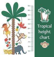 Vector cute height chart with exotic animals, African boy, leaves, flowers, fruits. Funny wall decoration with tropical aboriginal, monkey and plants. Jungle summer meter poster for kids