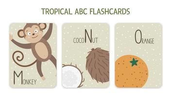 Colorful alphabet letters M, N, O. Phonics flashcard with tropical animals, birds, fruit, plants. Cute educational jungle ABC cards for teaching reading with funny monkey, coconut, orange.