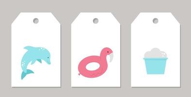 Set of vector summer gift tags, labels with dolphin, ice cream, flamingo inflatable ring. Funny vacation or holidays card templates with cute beach objects.