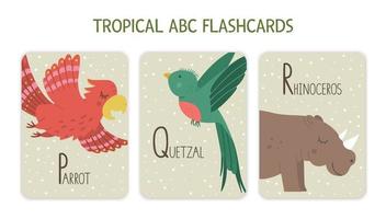 Colorful alphabet letters P, Q, R. Phonics flashcard with tropical animals, birds, fruit, plants. Cute educational jungle ABC cards for teaching reading with funny parrot, quetzal, Rhinoceros. vector