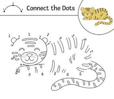Vector dot-to-dot activity with cute animal. Connect the dots game. Tiger line drawing. Funny tropical coloring page for kids.
