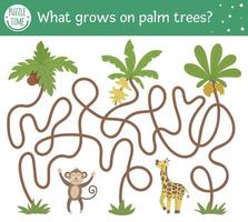 Tropical maze for children. Preschool exotic activity. Funny jungle puzzle with cute palms, monkey and giraffe. What grows on palm trees. Simple summer game for kids vector