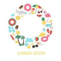 Vector round frame with summer clipart elements isolated on white background. Funny banner design with cute palm tree, plane, sunglasses, funny inflatable rings. Vacation beach summer card template