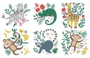 Vector cute compositions with exotic animals, leaves, flowers, fruits. Funny tropical monkey, zebra, lemur and plants illustration for cards, prints or poster design. Bright summer picture for kids.