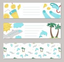 conjunto de marcadores vectoriales de verano con palmera, avión, gafas de sol, equipo de natación. divertidas plantillas de tarjetas horizontales de vacaciones o vacaciones con lindos objetos de playa. vector