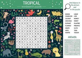 Vector summer wordsearch puzzle for kids. Keyword with tropical animals and birds for children. Educational jungle crossword activity with cute funny characters