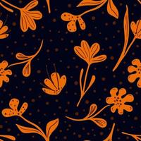 Abstract floral seamless pattern on black background. Orange flowers meadow in doodle style. vector