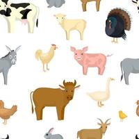 Livestock seamless pattern on white background. Farm birds and animals in the style cartoon. vector