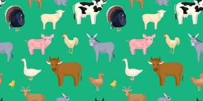 Livestock seamless pattern on white background. Farm birds and animals in the style cartoon. vector