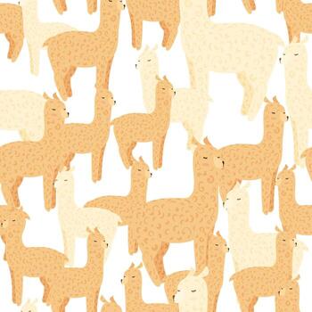 Cheerful alpaca seamless pattern. Background with funny llama in doodle style for fabric. vector