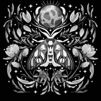 Moth and floral motifs, pattern design in symmetry. Monochrome black and white flat vector illustration with moth, flowers, floral elements and stars.