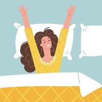 Happy woman waking up and stretching in the bed. Good morning metaphor. Lying Girl in pajamas under blanket. People healthy lifestyle concept. Top view Flat vector character illustration.