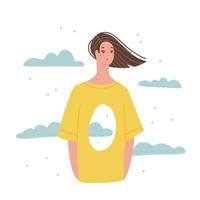 Unhappy woman with a hole inside herself. Metaphor on reflection of inner emptiness. Psychological trauma and disorders, depression, loss,loneliness. Hole in chest. Flat vector character illustration.