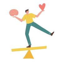 Man comparing logic thinking and intuition on scales. Male character looking at brain vs heart on seesaw. Emotional instincts and logic balance concept. Mind vs emotions. Flat vector illustration.