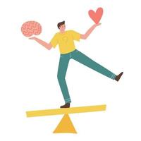 hombre comparando el pensamiento lógico y la intuición en escalas. personaje masculino mirando el cerebro contra el corazón en el balancín. instintos emocionales y concepto de equilibrio lógico. mente vs emociones. ilustración vectorial plana. vector