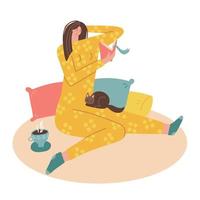 Girl in pajamas reading a book while sitting on pillows and drinking tea. Book lover concept. Flat hand drawn vector character illustration.