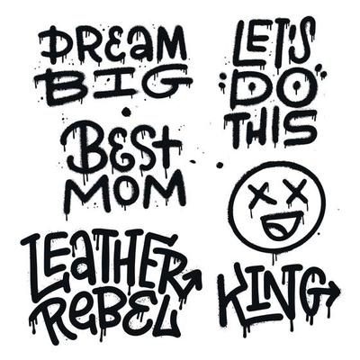 Set of graffiti quotes written in calligraphy font with spray texture. Motovational slogans - Dream big, Let s do this, Best mom, king. Isolated black vector illustrations on white background.
