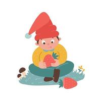 Cute young Gnome character holding strawberry in his hand. Sitting childish dwarf with summer berry. Flat hand drawn vector illustration.