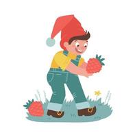 Young male garden gnome holding raspberry. Cute boy in red hat carrying ripe berry. Happy fairytale little kid from fairy village. Flat hand drawn vector illustration isolated on white