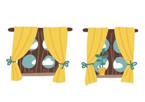Set of two isolated windows look out on the scenery, beautiful and natural. Wooden rustic window from a medieval fairy tale with yellow curtains. Cartoon flat hand drawn vector illustration.