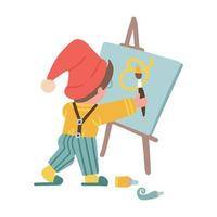Funny gnome artist character. Fairytale character draws a picture on canvas by paints. Flat hand drawn Vector illustration