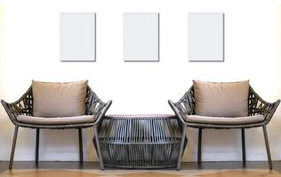 Sofa set of bamboo chairs and short table on floor in comfortable rest concept photo
