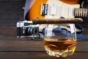 Happy Fathers day. Vintage concept with view of whiskey and cigar photo