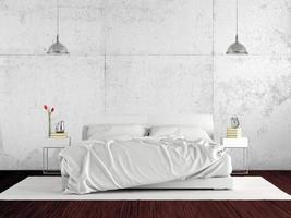 dormitorio principal minimalista con cama doble contra pared de hormigón blanco - 3d de renderizado foto