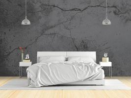 dormitorio principal minimalista con cama doble contra una pared de hormigón oscuro - 3D de renderizado foto