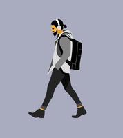 Flat design vector of a man walking while listening to music