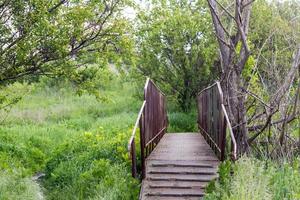 small iron bridge with old iron wheel in the countryside photo