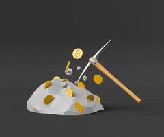 Pickaxe mining golden bitcoins from rock photo