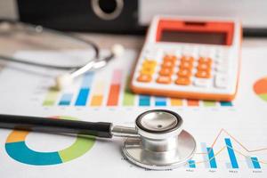 Stethoscope with calculator on charts and graphs paper, Finance, Account, Statistics, Investment, Analytic research data economy and Business company concept. photo