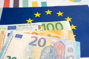 EU banknotes money on flag in europe , Business and finance concept. photo