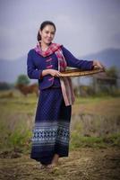 thai female in the rice field and cottage