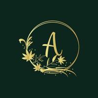 Flower gold frame template and monogram concept with letter A in minimal linear style. Vector floral logo .Emblem for Cosmetics, Fashion, Beauty