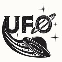 stylized inscription UFO with a flying saucer at the bottom of the letters black and white image on an isolated background vector