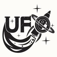 stylized inscription UFO with a flying rocket through the letter black and white image on an isolated background vector