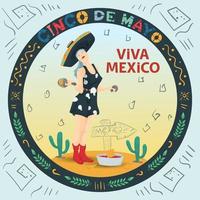 Vector flat illustration cartoon for design on the theme of the Mexican holiday Cinco de Mayo in a circular ornament A girl in a dress with skulls holding maracas in her hands