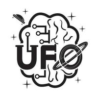 stylized inscription UFO extraterrestrial intelligence two halves of the brain in the form of a microcircuit and a biological black and white image on an isolated background vector