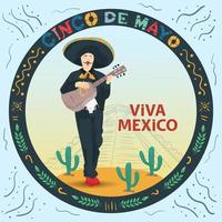 Vector flat illustration cartoon for design on the theme of the Mexican holiday Cinco de Mayo in a circular ornament A man plays the guitar