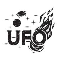 stylized inscription UFO flying meteorite in the form of a letter black and white image on an isolated background vector